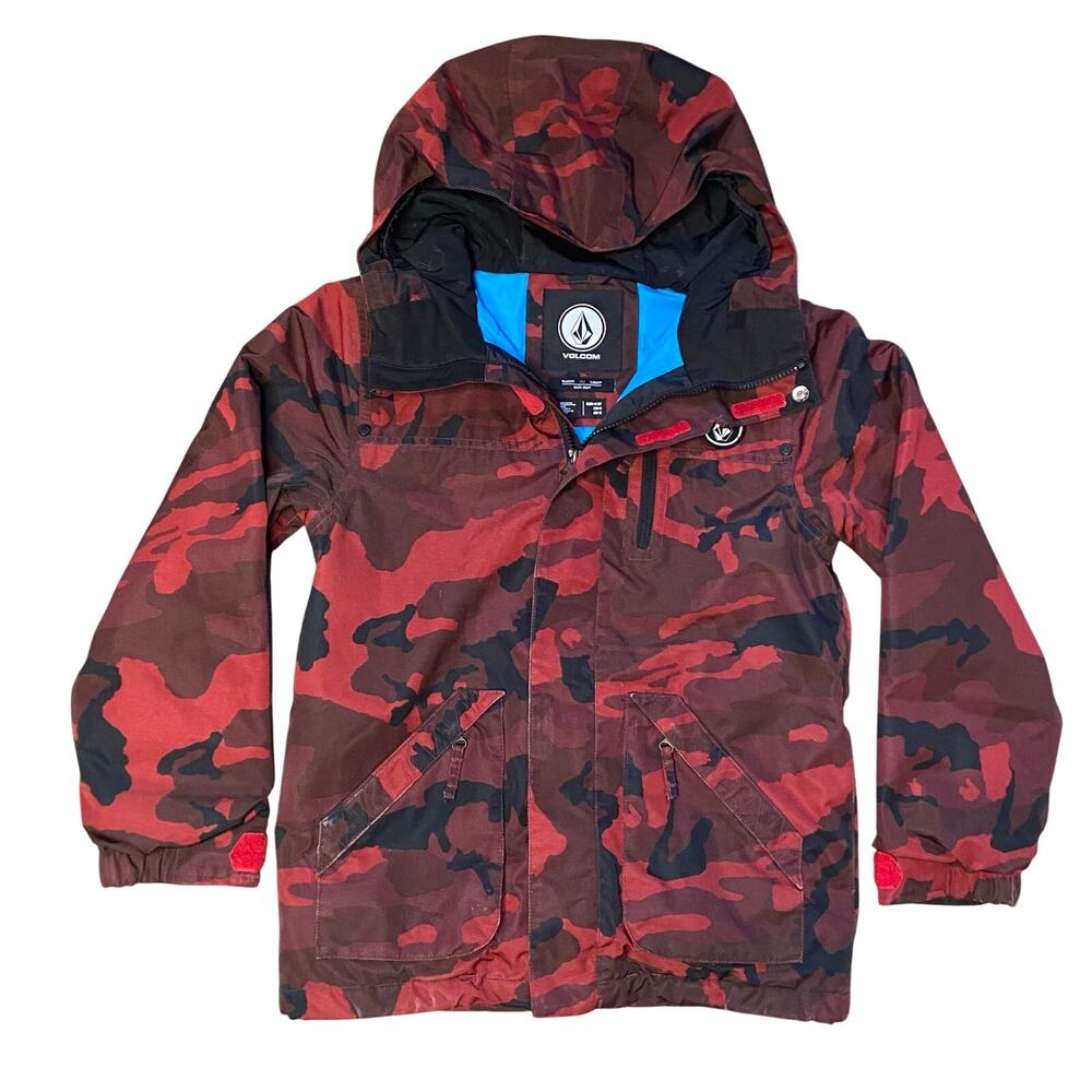 Volcom Hooded 10K Ski Jacket Boys Sz 10Y M Red Black Camo Insulated